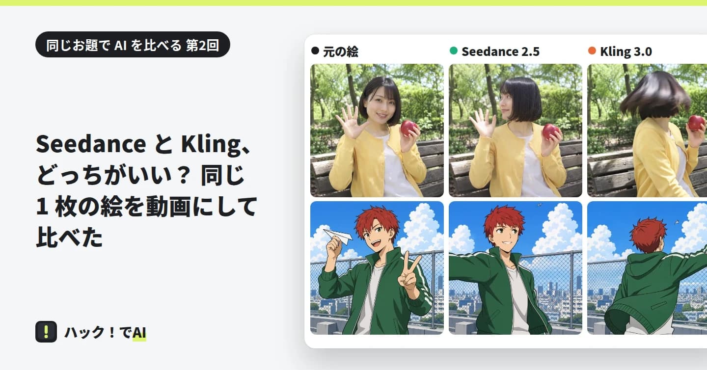 左に題。右に、実写風の架空の女性とアニメ調の赤い髪の人物の元の絵と、Seedance 2.5 と Kling 3.0 で動かした動画のコマを 3 列に並べた画像