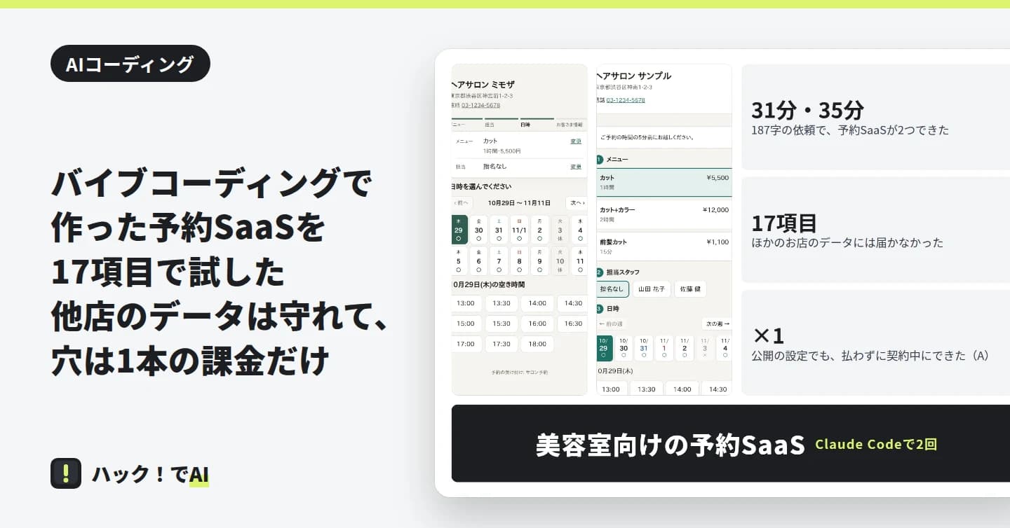 左に2つの予約ページのスマホの画面、右に31分・35分、17項目、×1の3つの数字、下に美容室向けの予約SaaSの帯