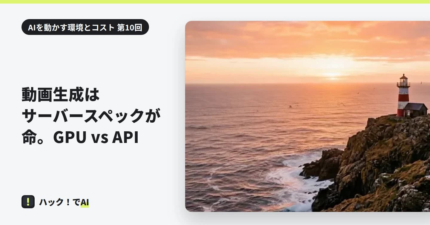 夕日の岬に立つ赤と白の灯台の絵。動画生成の GPU と API を比べる記事の表紙