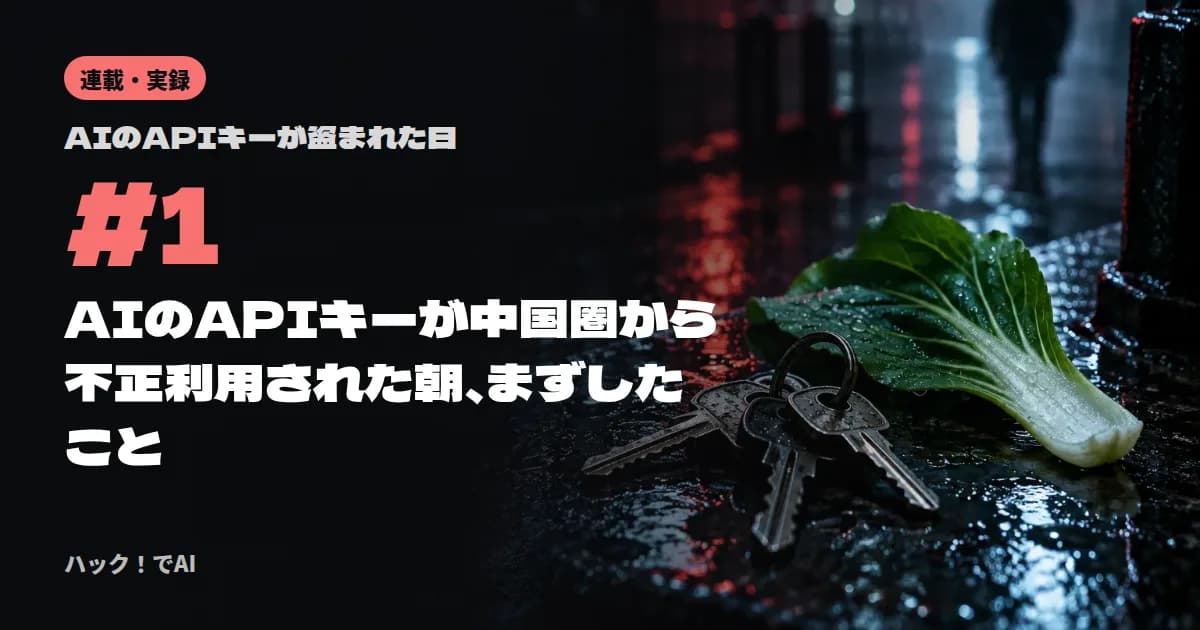 表紙。連載「AIのAPIキーが盗まれた日」第 1 回。最初の朝に分かったことの 3 つの枠
