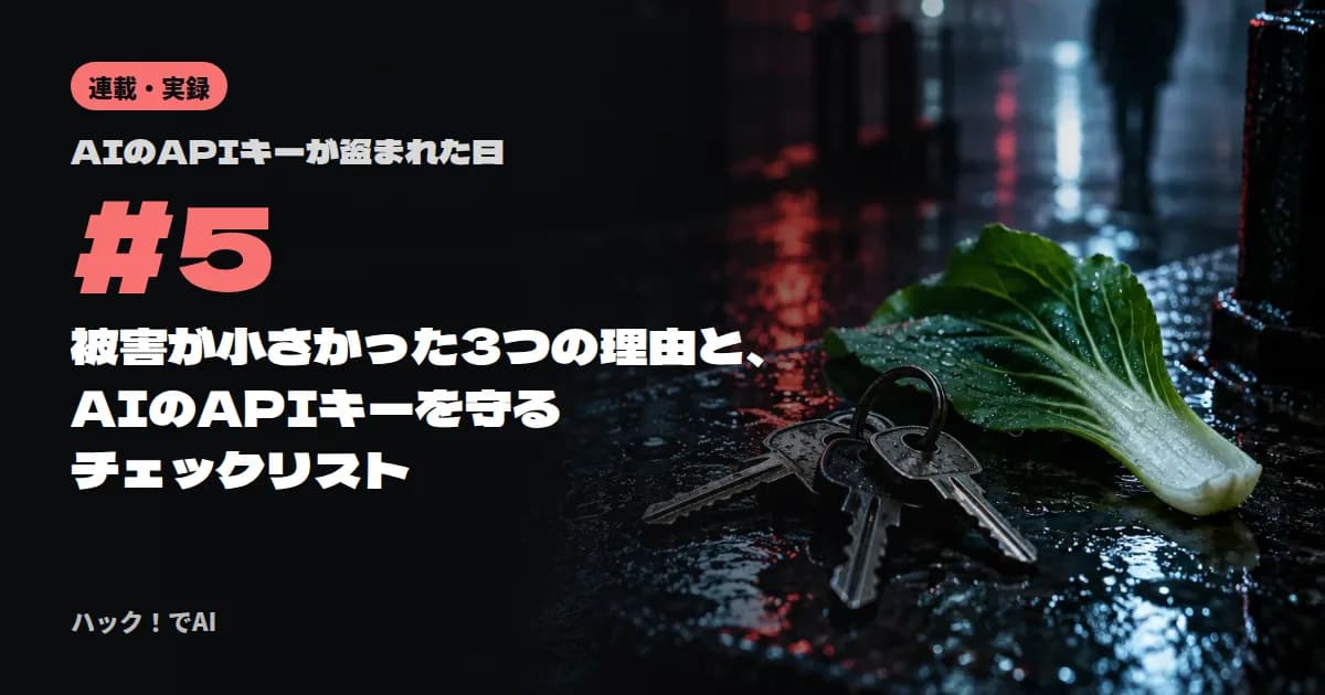 表紙。連載「AIのAPIキーが盗まれた日」第 5 回。被害が小さかった 3 つの理由の図