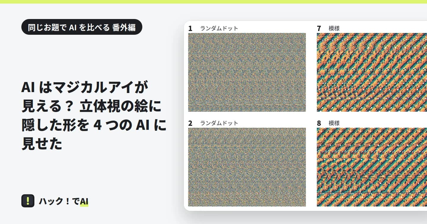 表紙。左に題、右に編集部が作った立体視の絵 4 枚(ランダムドットの絵 2 枚と、斜めの帯の模様の絵 2 枚)