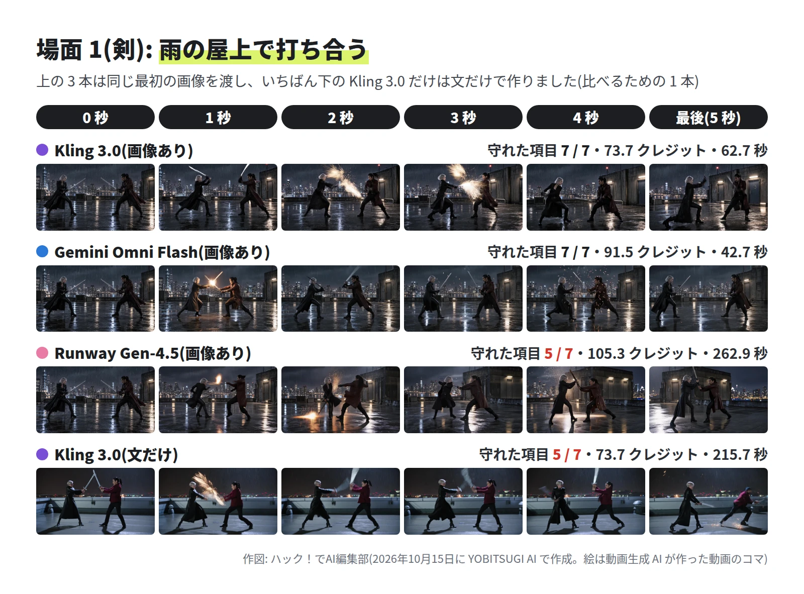 4 段。Kling 3.0(画像あり)は 7 / 7・73.7 クレジット・62.7 秒で、2 秒と 3 秒に大きな火花が出て、カメラが右の建物のほうへ回る。Gemini Omni Flash は 7 / 7・91.5 クレジット・42.7 秒で、1 秒と 4 秒に火花。Runway Gen-4.5 は 5 / 7・105.3 クレジット・262.9 秒で、カメラが大きく回り、最後は 2 人が 1 本の剣を握る。Kling 3.0(文だけ)は 5 / 7・73.7 クレジット・215.7 秒で、低い屋上を真横から写し、刃が白い板のように見える