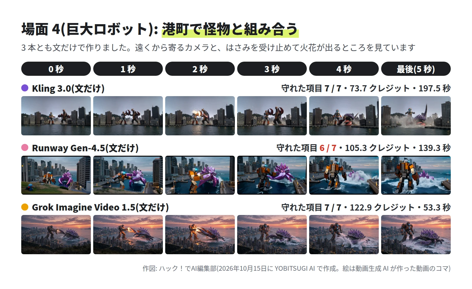 Kling 3.0 は 7 / 7・73.7 クレジット・197.5 秒で、水面の高さから、丸い頭のロボットと赤いはさみの二本足の怪獣が組み合い、2 秒に火花、最後に怪獣が倒れ込んでしぶき。Runway Gen-4.5 は 6 / 7・105.3 クレジット・139.3 秒で、上下に黒い帯、丘から大きく寄り、紫の結晶の蟹を押し返して大波、0 秒の手前の丘に小さな青い物。Grok Imagine Video 1.5 は 7 / 7・122.9 クレジット・53.3 秒で、夕焼けの丘からの遠景で、ロボットが紫の結晶の蟹のはさみを受け止めて火花、後半は波