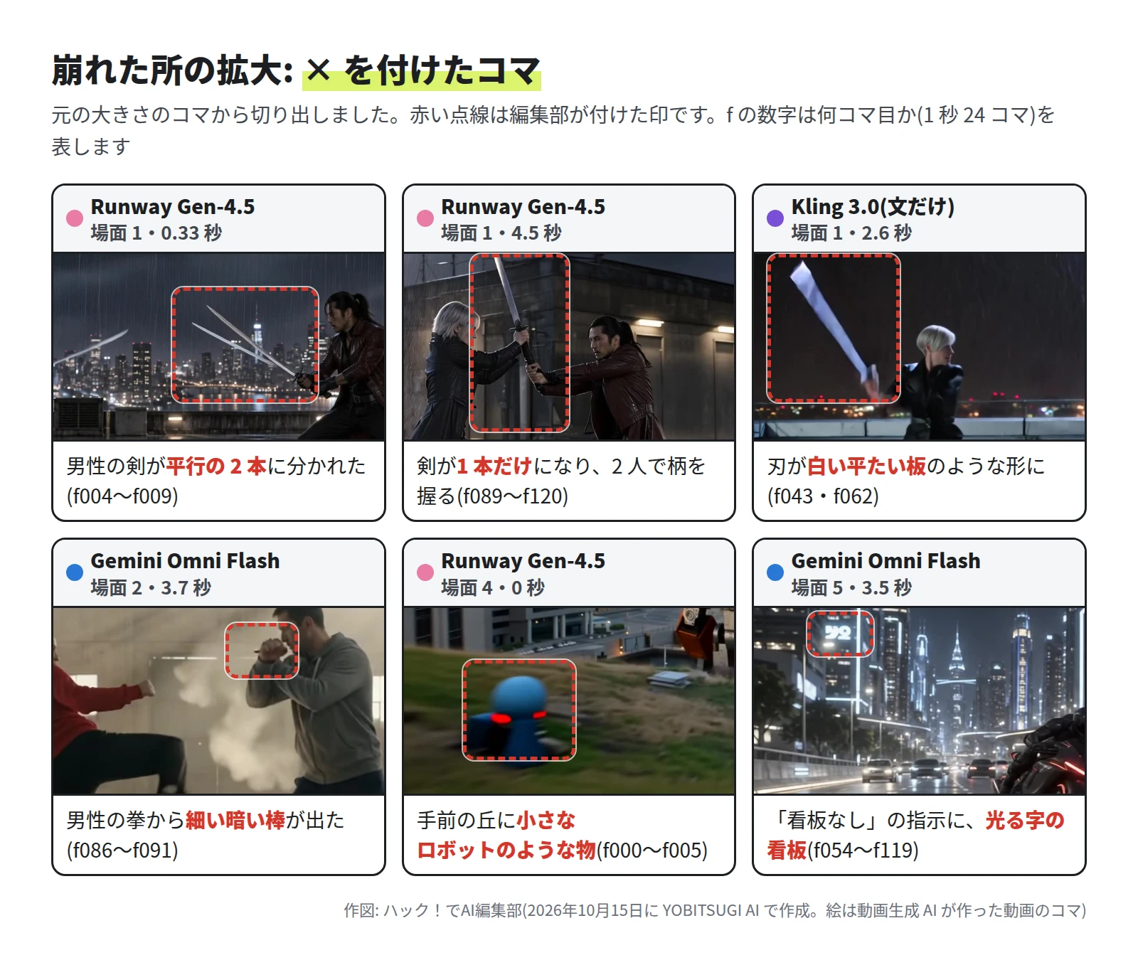 6 枚。Runway Gen-4.5 の場面 1 の 0.33 秒は、男性の剣が平行の 2 本に分かれている。同じく 4.5 秒は、剣が 1 本だけになり 2 人で柄を握る。Kling 3.0(文だけ)の場面 1 の 2.6 秒は、刃が白い平たい板のよう。Gemini Omni Flash の場面 2 の 3.7 秒は、男性の拳から細い暗い棒が出ている。Runway Gen-4.5 の場面 4 の 0 秒は、手前の丘に青い頭と赤い目の小さなロボットのような物。Gemini Omni Flash の場面 5 の 3.5 秒は、左上のビルに 92 と読める光る看板