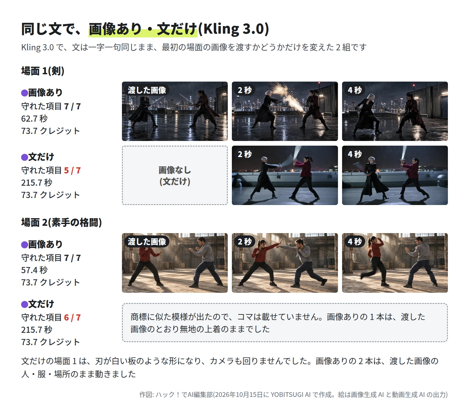 場面 1 の画像ありは 7 / 7・62.7 秒・73.7 クレジットで、渡した画像の銀髪の女性と赤い長いコートの男性のまま、2 秒に火花。文だけは 5 / 7・215.7 秒・73.7 クレジットで、低い屋上を真横から写し、刃が白い板のよう。場面 2 の画像ありは 7 / 7・57.4 秒・73.7 クレジットで、渡した画像の無地の赤い上着のまま。文だけは 6 / 7・215.7 秒・73.7 クレジットで、商標に似た模様が出たためコマは載せていないと書いた枠