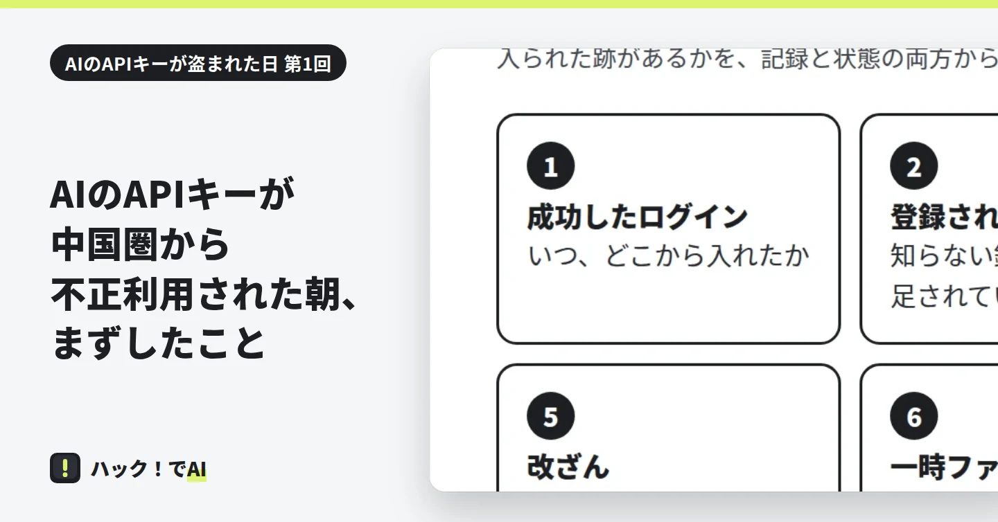 表紙。連載「AIのAPIキーが盗まれた日」第 1 回。最初の朝に分かったことの 3 つの枠