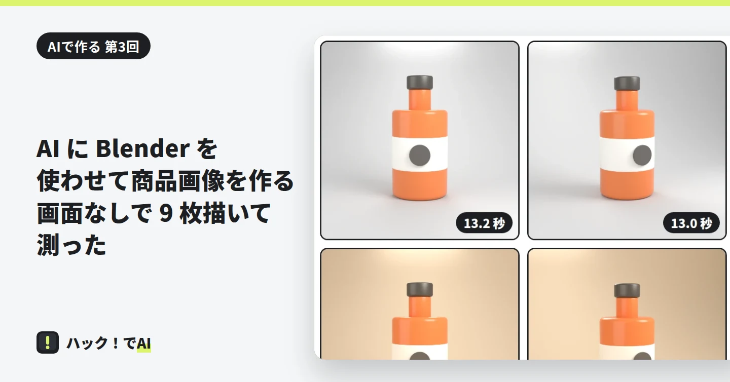 オレンジ色の瓶の商品画像が、白とベージュの背景で並んでいる。右下の札に、1 枚を描いた秒数(13.2 秒・13.0 秒)