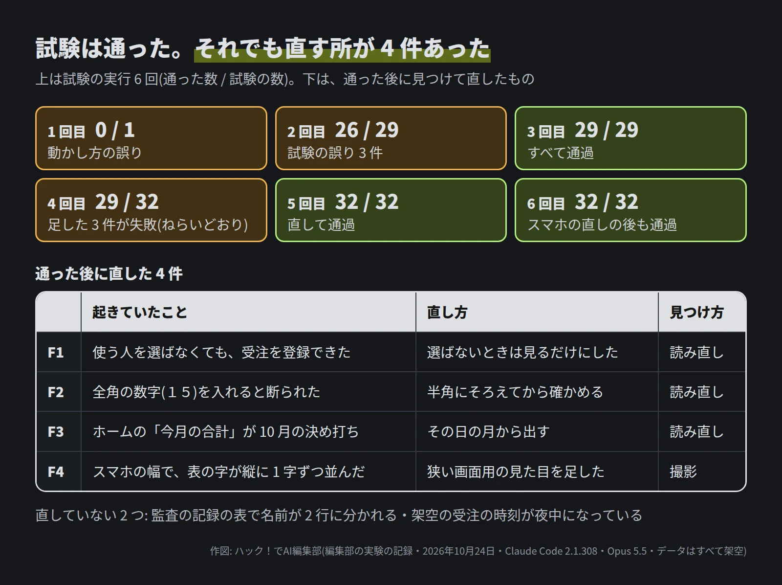 上に試験の実行 6 回。1 回目 0 / 1 動かし方の誤り、2 回目 26 / 29 試験の誤り 3 件、3 回目 29 / 29 すべて通過、4 回目 29 / 32 足した 3 件が失敗、5 回目 32 / 32 直して通過、6 回目 32 / 32。下に、通った後に直した 4 件の表。F1 使う人を選ばなくても受注を登録できた、F2 全角の数字を入れると断られた、F3 今月の合計が 10 月の決め打ち、F4 スマホの幅で表の字が縦に並んだ
