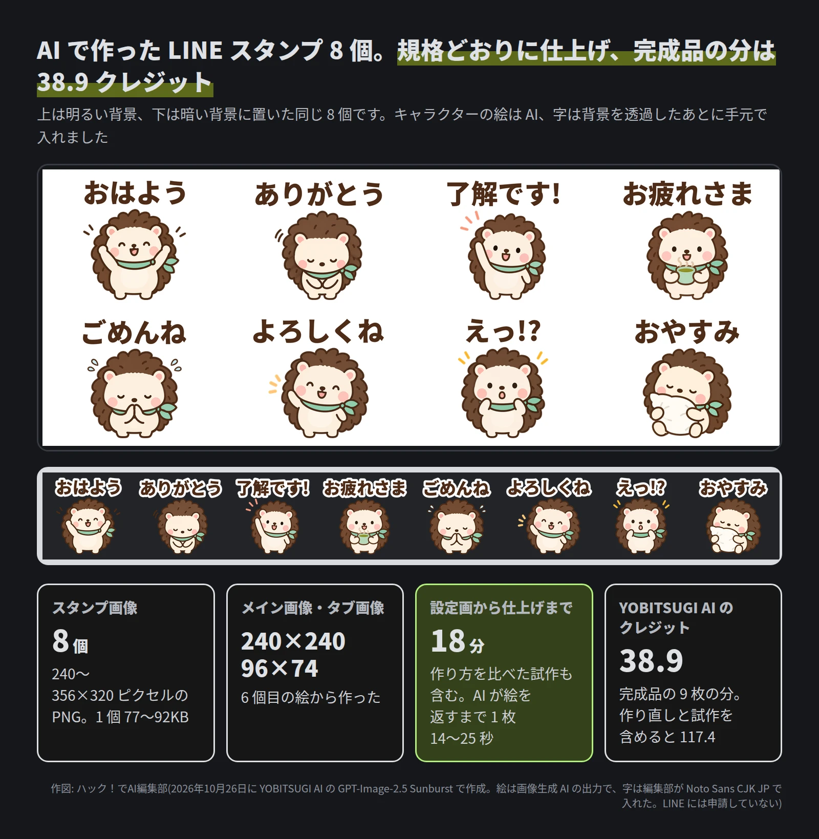 ハリネズミのキャラクター「ぽこ」のスタンプ 8 個。おはよう・ありがとう・了解です!・お疲れさま・ごめんね・よろしくね・えっ!?・おやすみ。明るい背景と暗い背景のどちらでも、白いフチの付いた茶色の字が読める。下に、スタンプ画像 8 個は 240〜356×320 ピクセルの PNG で 1 個 77〜92KB、メイン画像 240×240 とタブ画像 96×74、設定画から仕上げまで試作を含めて 18 分、クレジットは完成品の 9 枚で 38.9(作り直しと試作を含めると 117.4)