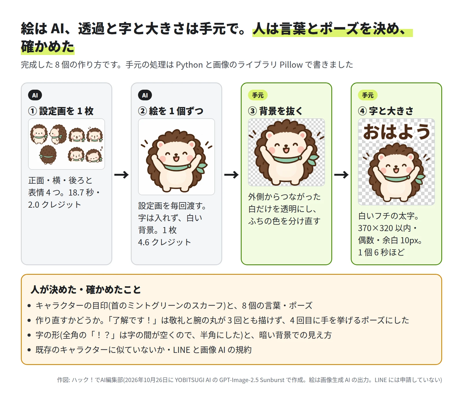 4 つの段の流れ。① AI が設定画を 1 枚描く(正面・横・後ろと表情 4 つ、18.7 秒・2.0 クレジット)。② AI が設定画を見ながら字のない絵を 1 個ずつ描く(白い背景、1 枚 4.6 クレジット)。③ 手元で、外側からつながった白だけを透明にし、ふちの色を分け直す。④ 手元で、白いフチの太字を入れ、370×320 以内・偶数・余白 10px にそろえる(1 個 6 秒ほど)。下に、人が決めた・確かめたこととして、キャラクターの目印と 8 個の言葉・ポーズ、作り直すかどうか、字の形と暗い背景での見え方、既存のキャラクターに似ていないかと規約