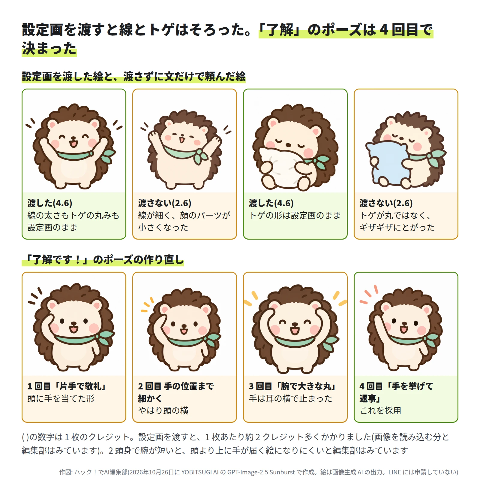 上の段は 4 枚。設定画を渡した「おはよう」と「おやすみ」の絵は、線の太さもトゲの丸みも設定画のまま(1 枚 4.6 クレジット)。渡さない絵は、線が細く顔のパーツが小さくなり、トゲが丸ではなくギザギザにとがった(1 枚 2.6 クレジット)。下の段は 4 枚。1 回目の「片手で敬礼」は頭に手を当てた形、2 回目の手の位置まで細かく書いた絵もやはり頭の横、3 回目の「腕で大きな丸」は手が耳の横で止まった。4 回目の「手を挙げて返事」は片手を挙げた形で、これを採用した