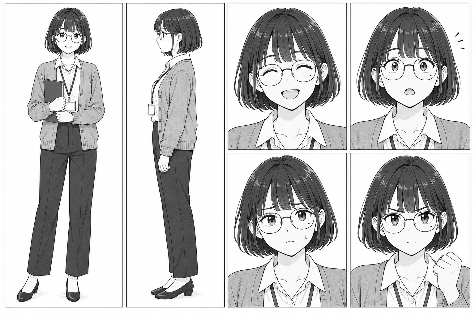 白黒の漫画の絵柄で描かれた女性の設定画。左に全身の正面と横、右に笑顔・驚き・困り顔・決意の 4 つの表情。ボブの髪、丸眼鏡、カーディガン、首から下げた名札、左目の下のほくろがある