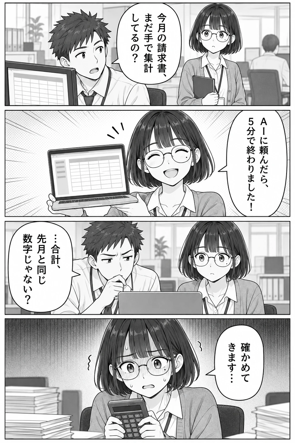1 コマ目、同僚がモニターの表を見ながら「今月の請求書、まだ手で集計してるの？」と聞く。2 コマ目、主人公がノートパソコンを見せて「AIに頼んだら、5分で終わりました！」と笑う。3 コマ目、同僚がパソコンをのぞき込み「…合計、先月と同じ数字じゃない？」と言う。4 コマ目、主人公が青ざめて電卓を握り「確かめてきます…」と言う