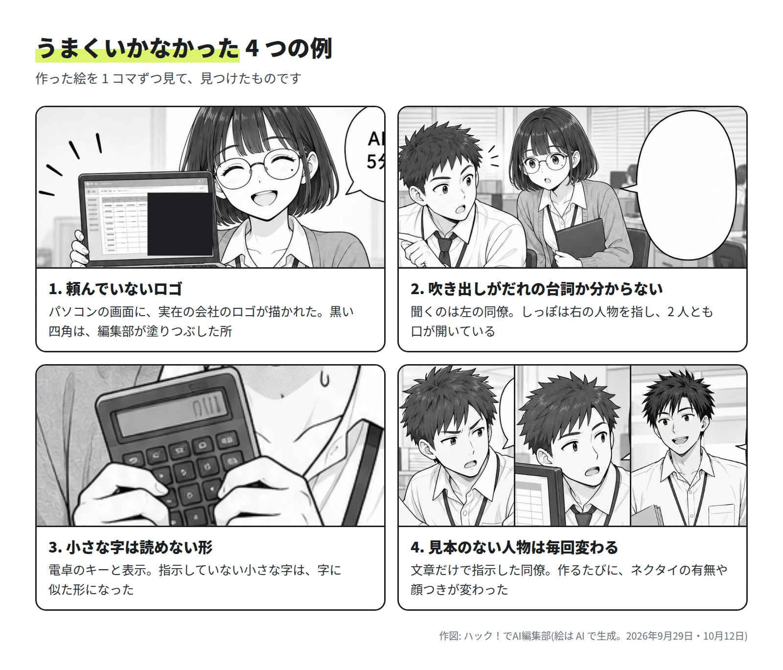 4 つの例。1 頼んでいないロゴ: パソコンの画面の一部が黒く塗りつぶされている。2 吹き出しがだれの台詞か分からない: しっぽが右の人物を指し、2 人とも口が開いている。3 小さな字は読めない形: 電卓のキーと表示が字に似た形になっている。4 見本のない人物は毎回変わる: 3 枚の同僚の絵で、ネクタイの有無と顔つきが違う