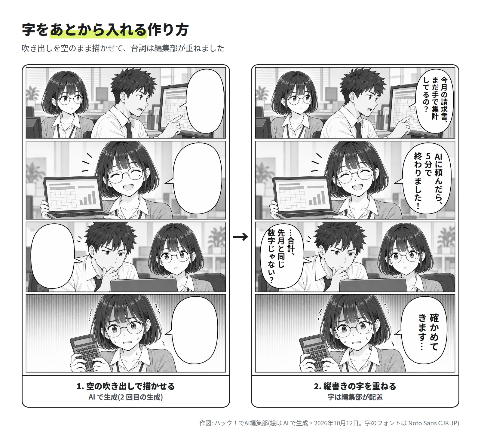 左は、4 つの吹き出しが空のままの 4 コマ。右は、同じ絵の吹き出しに、縦書きの台詞を重ねた 4 コマ