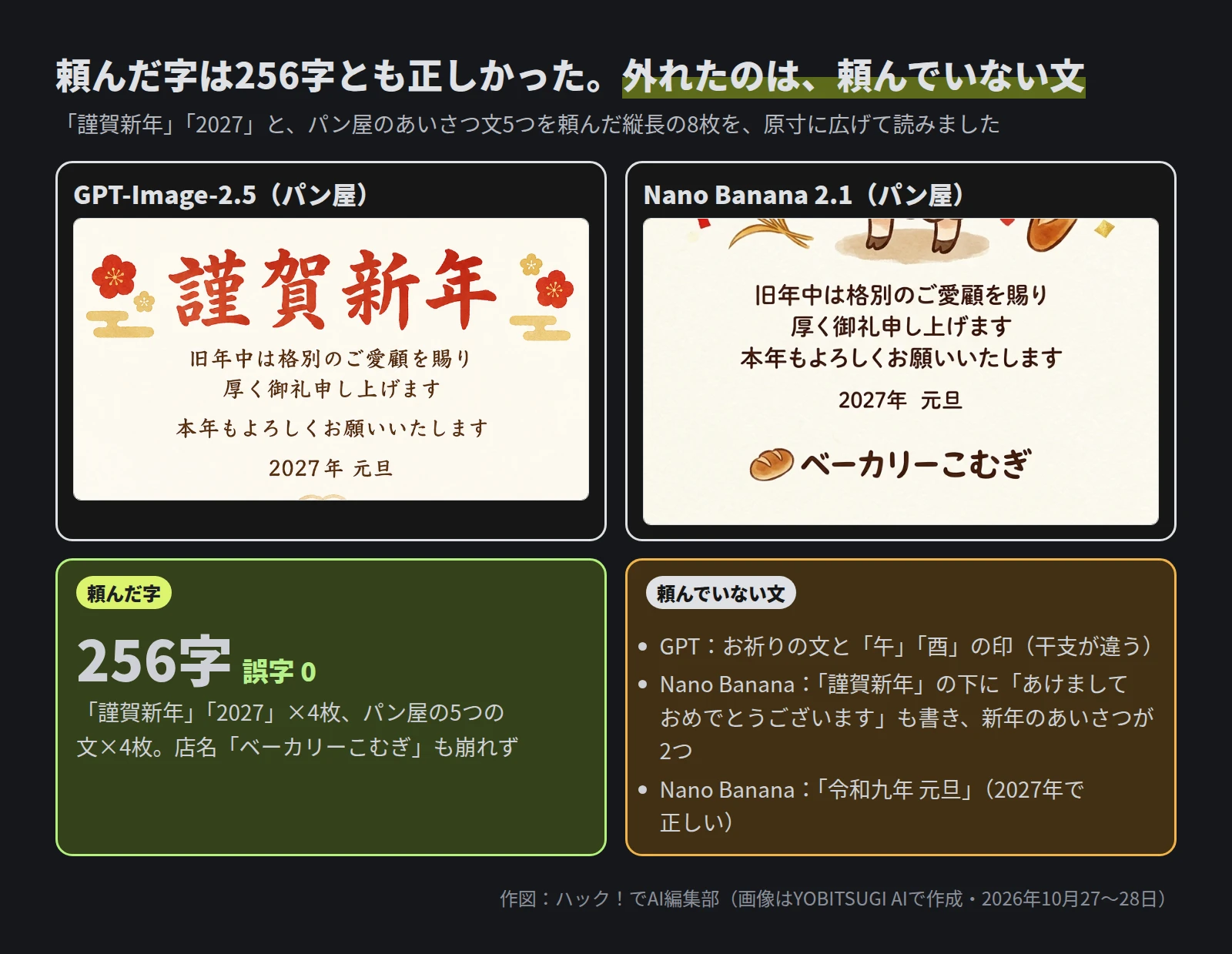 上に、GPT-Image-2.5とNano Banana 2.1のパン屋の年賀状の文字の部分を原寸で切り出した2枚。どちらも、謹賀新年、旧年中は格別のご愛顧を賜り厚く御礼申し上げます、本年もよろしくお願いいたします、2027年元旦、ベーカリーこむぎが正しく書かれている。下の左に、頼んだ字256字で誤字0。下の右に、頼んでいない文として、GPTのお祈りの文と午・酉の印、Nano Bananaの謹賀新年の下のあけましておめでとうございます、令和九年元旦