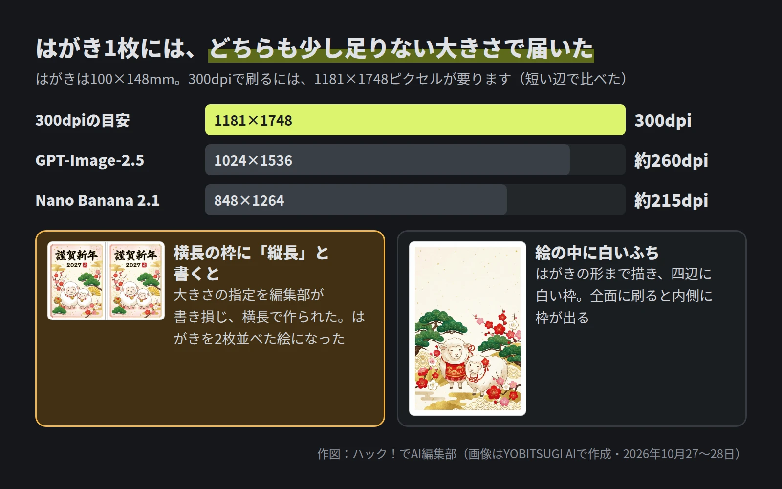 横棒の図。300dpiの目安は1181×1748、GPT-Image-2.5は1024×1536で約260dpi、Nano Banana 2.1は848×1264で約215dpi。下の左は、横長の枠に縦長のはがきを2枚並べて描いた絵。下の右は、四辺に白いふちが描かれたひつじの絵