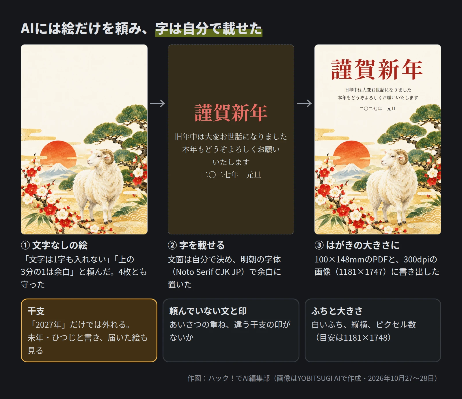 3つの段階。1は文字なしで上の3分の1が余白のひつじの絵。2は謹賀新年と、旧年中は大変お世話になりました、本年もどうぞよろしくお願いいたします、二〇二七年元旦の文字だけの面。3は絵と字を重ねたはがき。下に、人が見る所として、干支、頼んでいない文と印、ふちと大きさ
