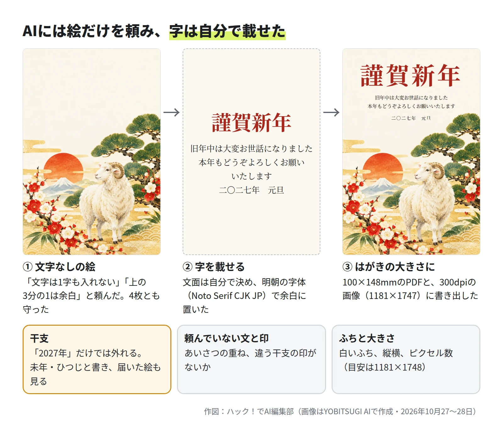 3つの段階。1は文字なしで上の3分の1が余白のひつじの絵。2は謹賀新年と、旧年中は大変お世話になりました、本年もどうぞよろしくお願いいたします、二〇二七年元旦の文字だけの面。3は絵と字を重ねたはがき。下に、人が見る所として、干支、頼んでいない文と印、ふちと大きさ