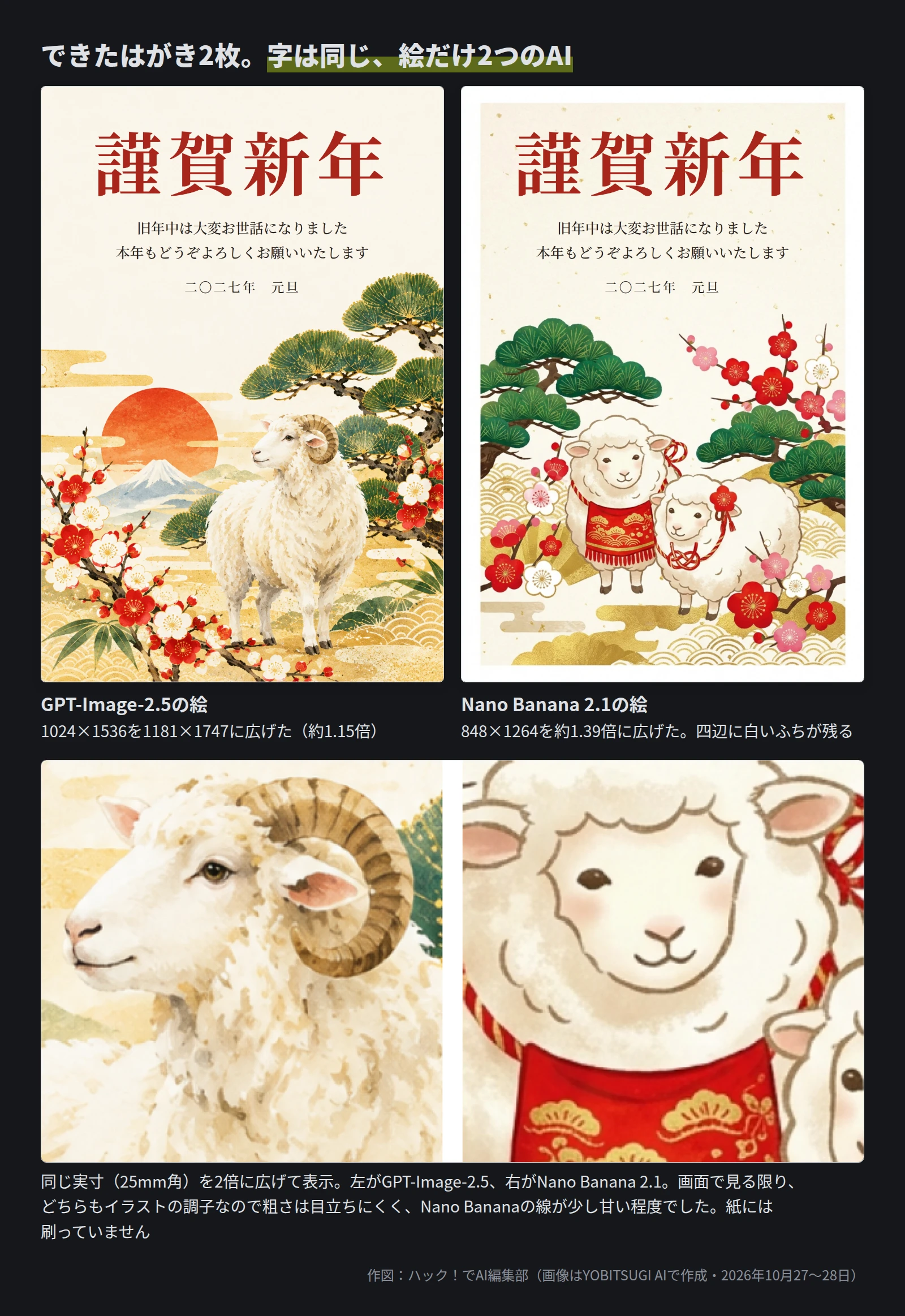 上に、同じ文面を載せたはがき2枚。左はGPT-Image-2.5の絵で、日の出と富士山と松と梅とひつじ。右はNano Banana 2.1の絵で、松と梅とひつじ2頭、四辺に白いふち。下に、ひつじの顔のあたりを同じ実寸で切り出して2倍に広げた比べ