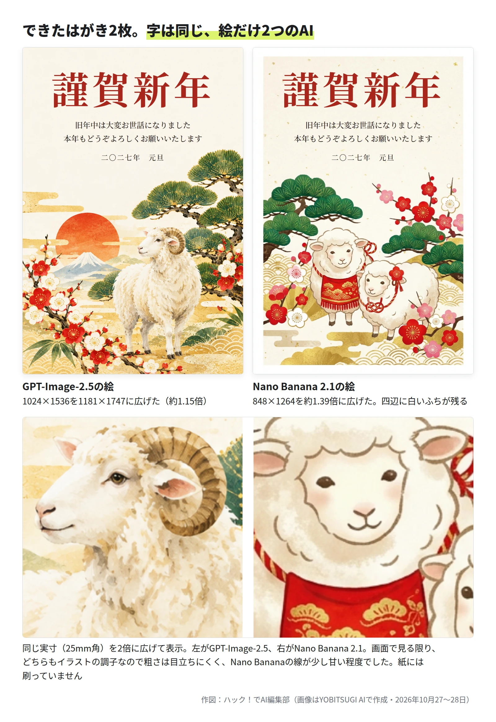 上に、同じ文面を載せたはがき2枚。左はGPT-Image-2.5の絵で、日の出と富士山と松と梅とひつじ。右はNano Banana 2.1の絵で、松と梅とひつじ2頭、四辺に白いふち。下に、ひつじの顔のあたりを同じ実寸で切り出して2倍に広げた比べ