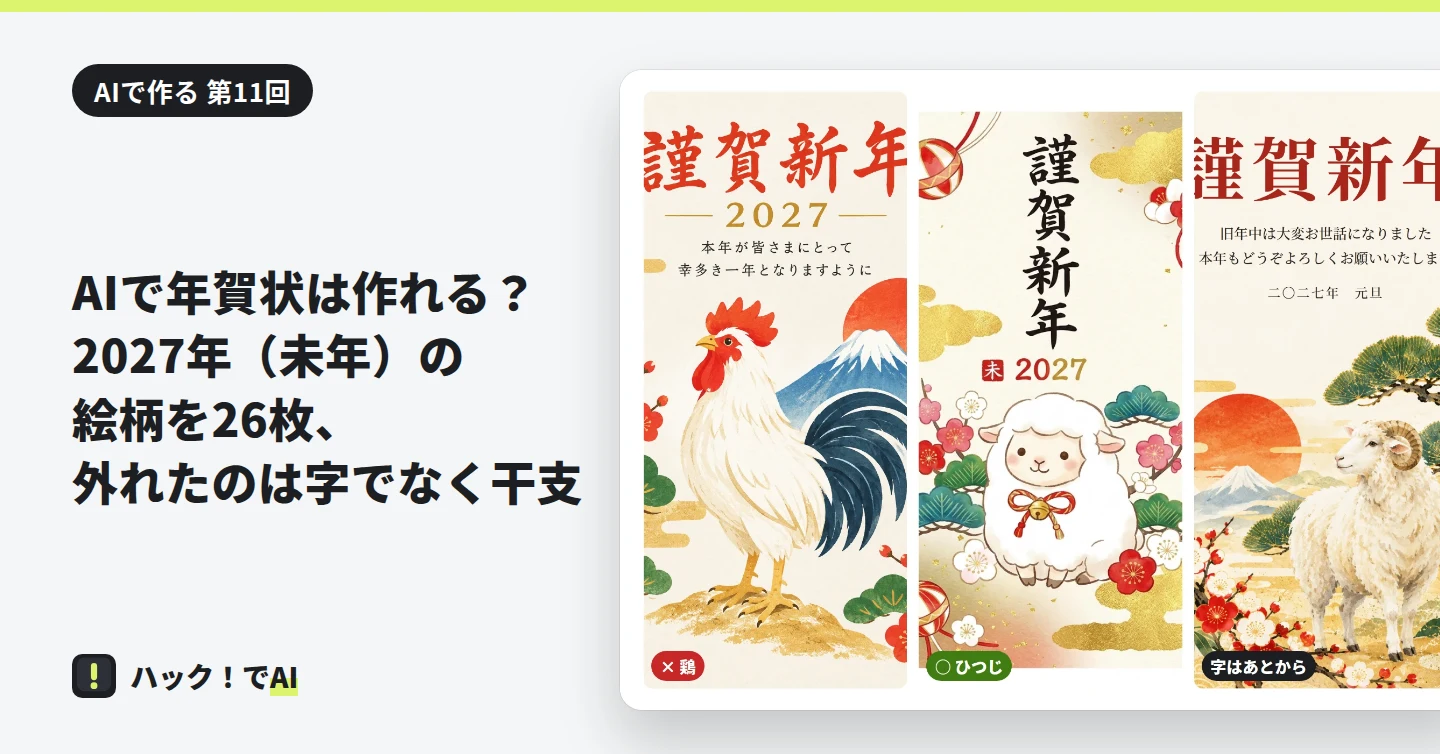 左に題、右に3枚の絵。干支を外した鶏の年賀状、ひつじの年賀状、字をあとから載せて仕上げたひつじのはがき