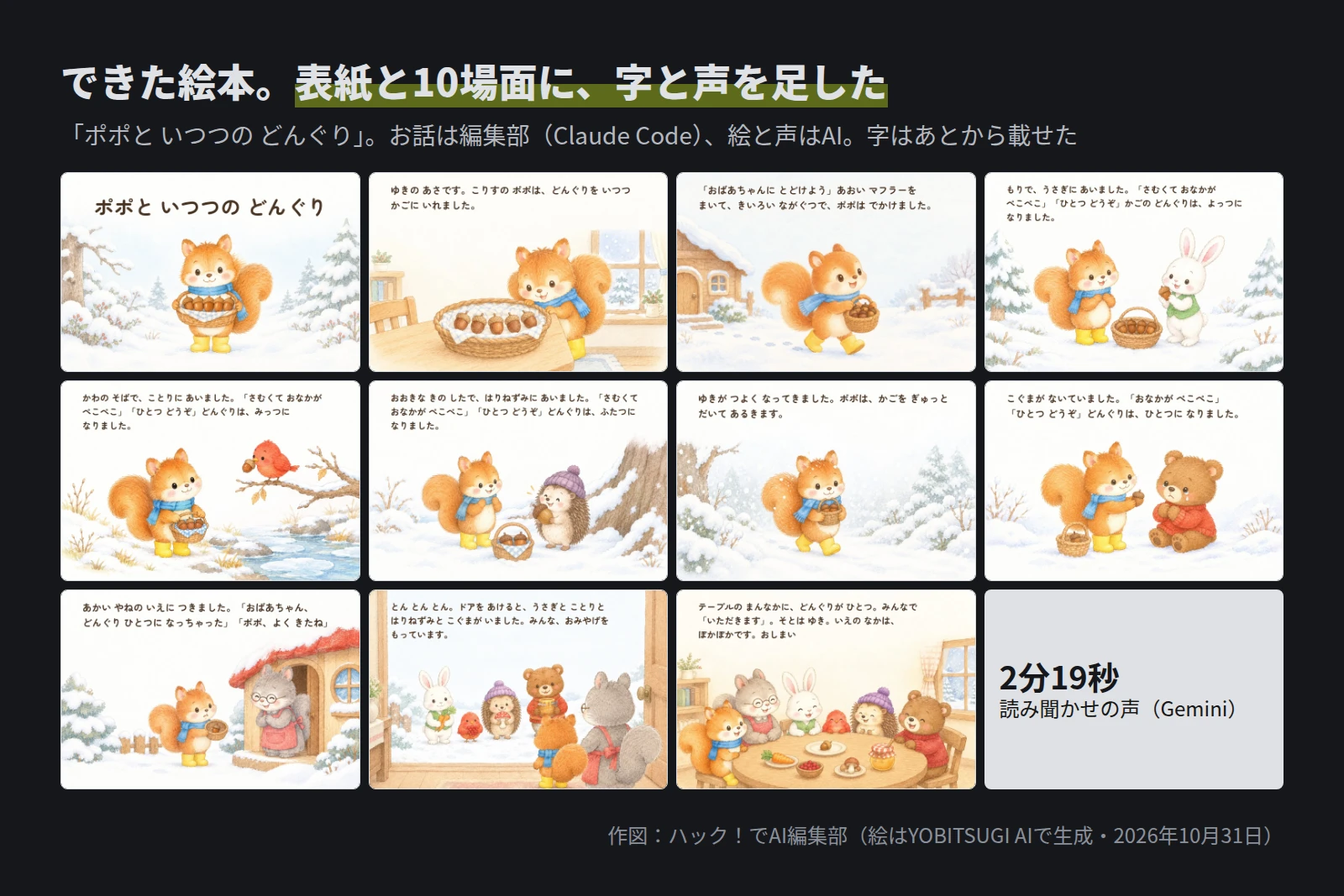 表紙と10場面を並べた図。雪の森でかごを持つこりすのポポ、うさぎ、ことり、はりねずみ、こぐまにどんぐりを分ける場面、赤い屋根の家でおばあちゃんに会う場面、みんなでテーブルを囲む場面。読み聞かせの声は2分19秒