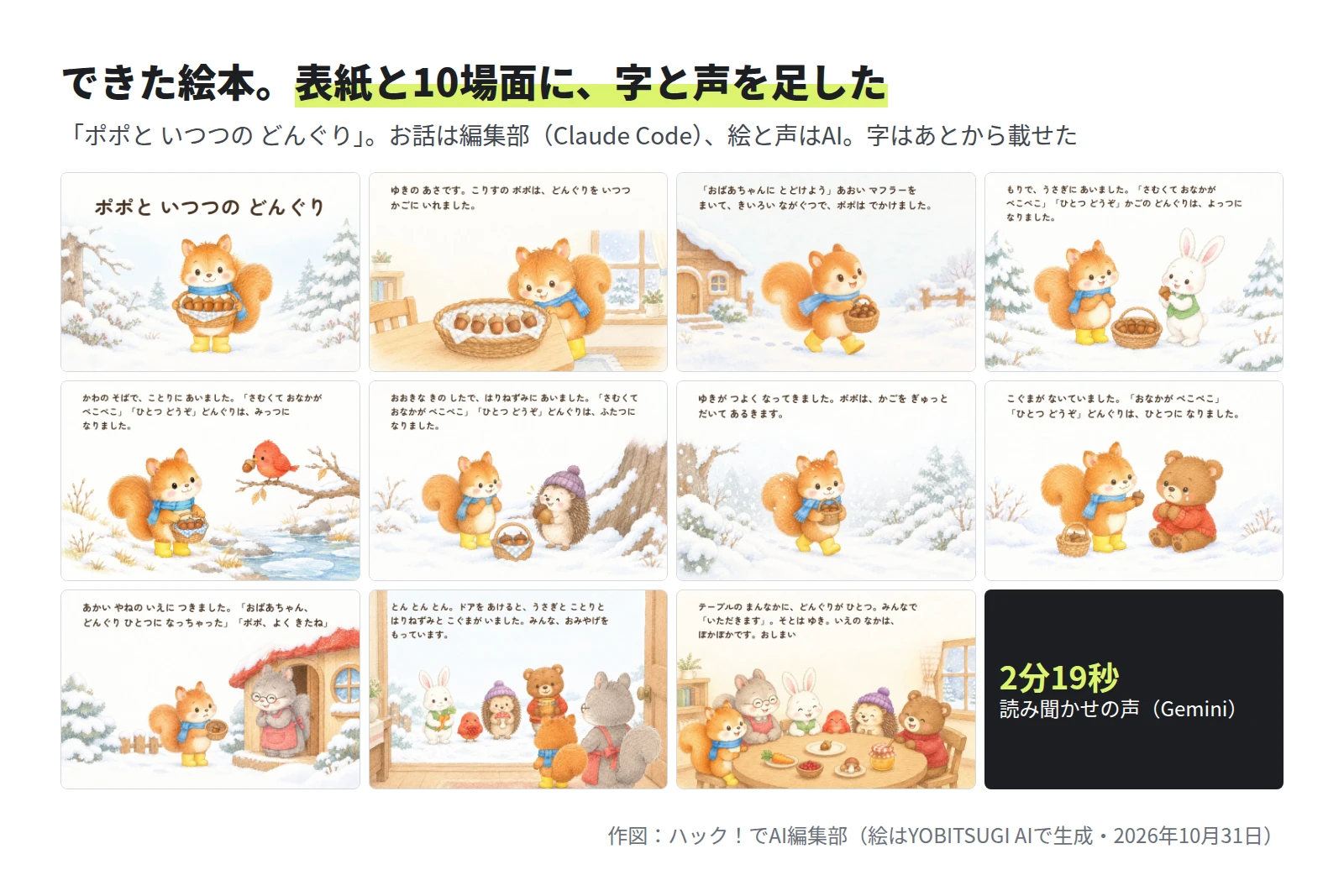 表紙と10場面を並べた図。雪の森でかごを持つこりすのポポ、うさぎ、ことり、はりねずみ、こぐまにどんぐりを分ける場面、赤い屋根の家でおばあちゃんに会う場面、みんなでテーブルを囲む場面。読み聞かせの声は2分19秒