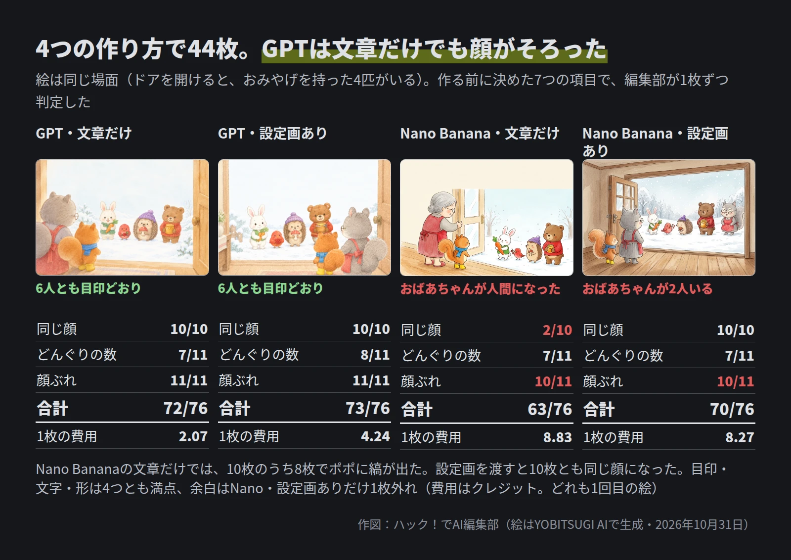 4列の表。GPT・文章だけは同じ顔10/10、どんぐりの数7/11、顔ぶれ11/11、合計72/76、1枚2.07クレジット。GPT・設定画ありは10/10、8/11、11/11、73/76、4.24。Nano Banana・文章だけは2/10、7/11、10/11、63/76、8.83で、おばあちゃんが人間になった。Nano Banana・設定画ありは10/10、7/11、10/11、70/76、8.27で、おばあちゃんが2人いる