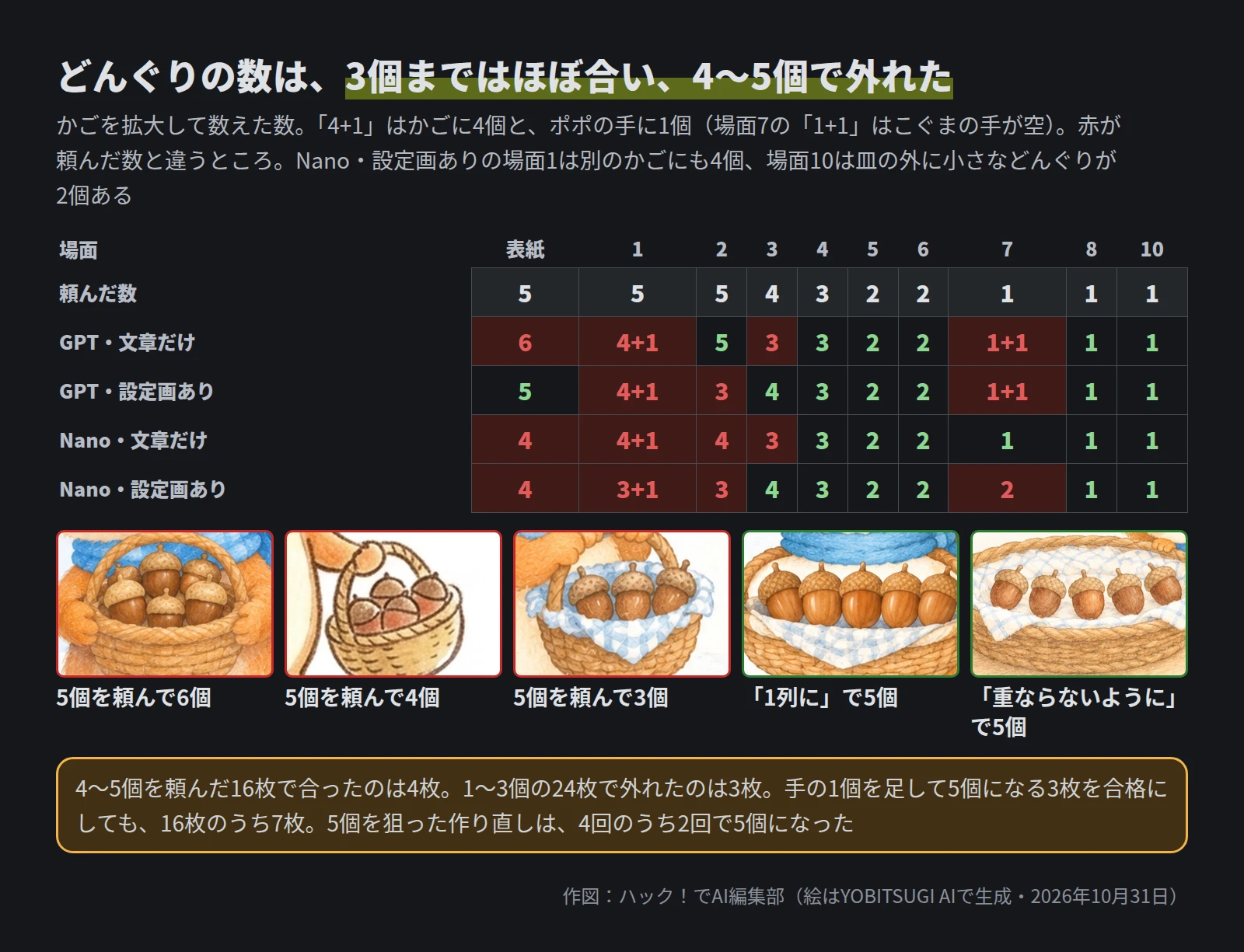 4つの作り方と10の場面の表。頼んだ数は5、5、5、4、3、2、2、1、1、1。赤は左の4列に集まり、3個以下で外れたのは場面7の3枚だけ。下に、5個を頼んで6個、4個、3個になったかごと、1列に5個並んだかご。4〜5個を頼んだ16枚で合ったのは4枚、1〜3個の24枚で外れたのは3枚