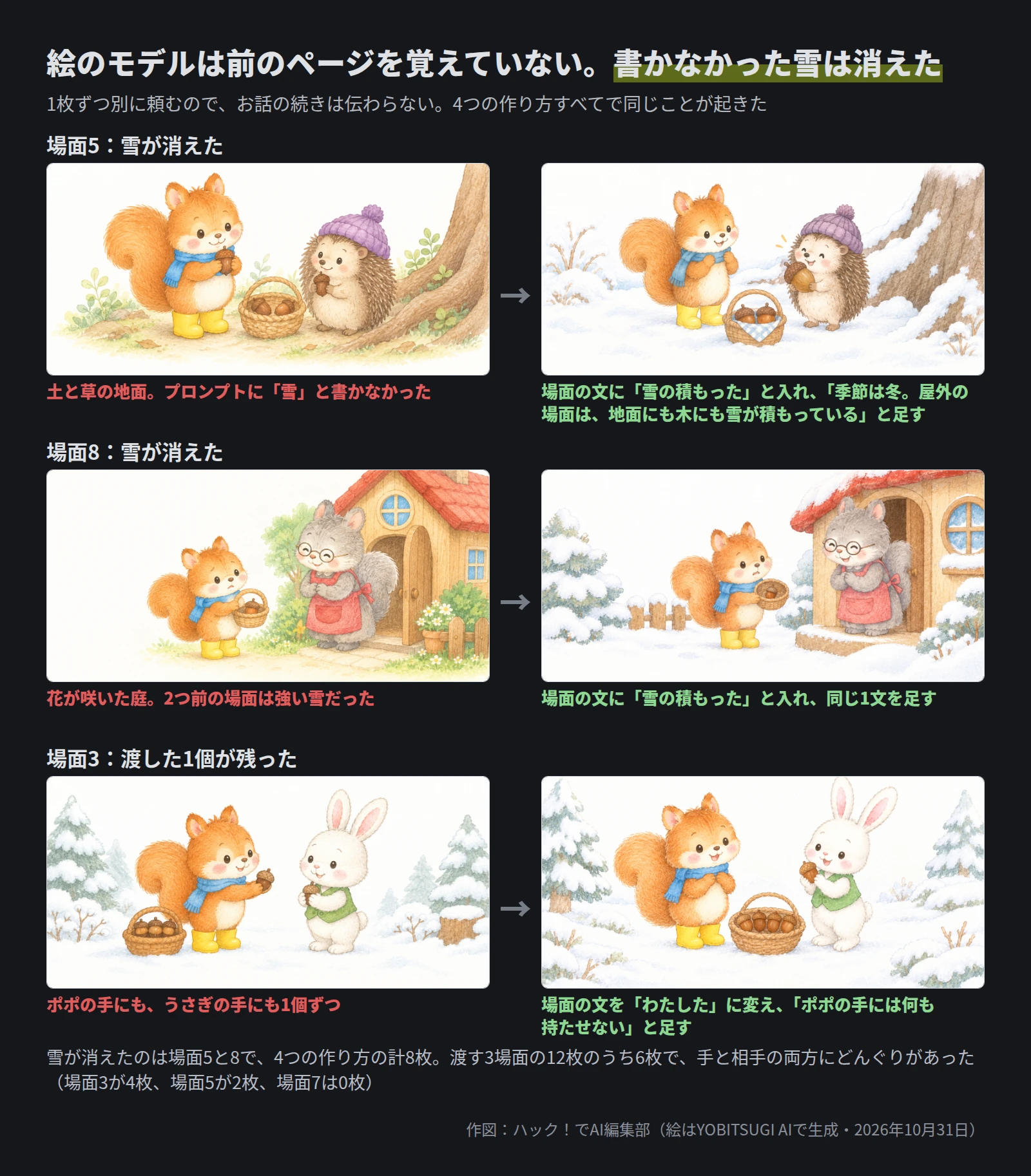 直す前と直した後を3組並べた図。場面5は土と草の地面が雪の地面に、場面8は花の咲いた庭が雪の庭になった。場面の文に雪の積もったと入れ、季節は冬。屋外の場面は、地面にも木にも雪が積もっている、と足した。場面3は、ポポとうさぎの両方の手にあったどんぐりが、うさぎの手だけになった。場面の文を変え、ポポの手には何も持たせない、と足した