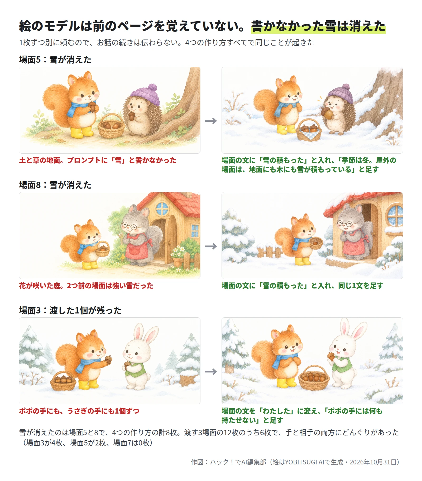 直す前と直した後を3組並べた図。場面5は土と草の地面が雪の地面に、場面8は花の咲いた庭が雪の庭になった。場面の文に雪の積もったと入れ、季節は冬。屋外の場面は、地面にも木にも雪が積もっている、と足した。場面3は、ポポとうさぎの両方の手にあったどんぐりが、うさぎの手だけになった。場面の文を変え、ポポの手には何も持たせない、と足した