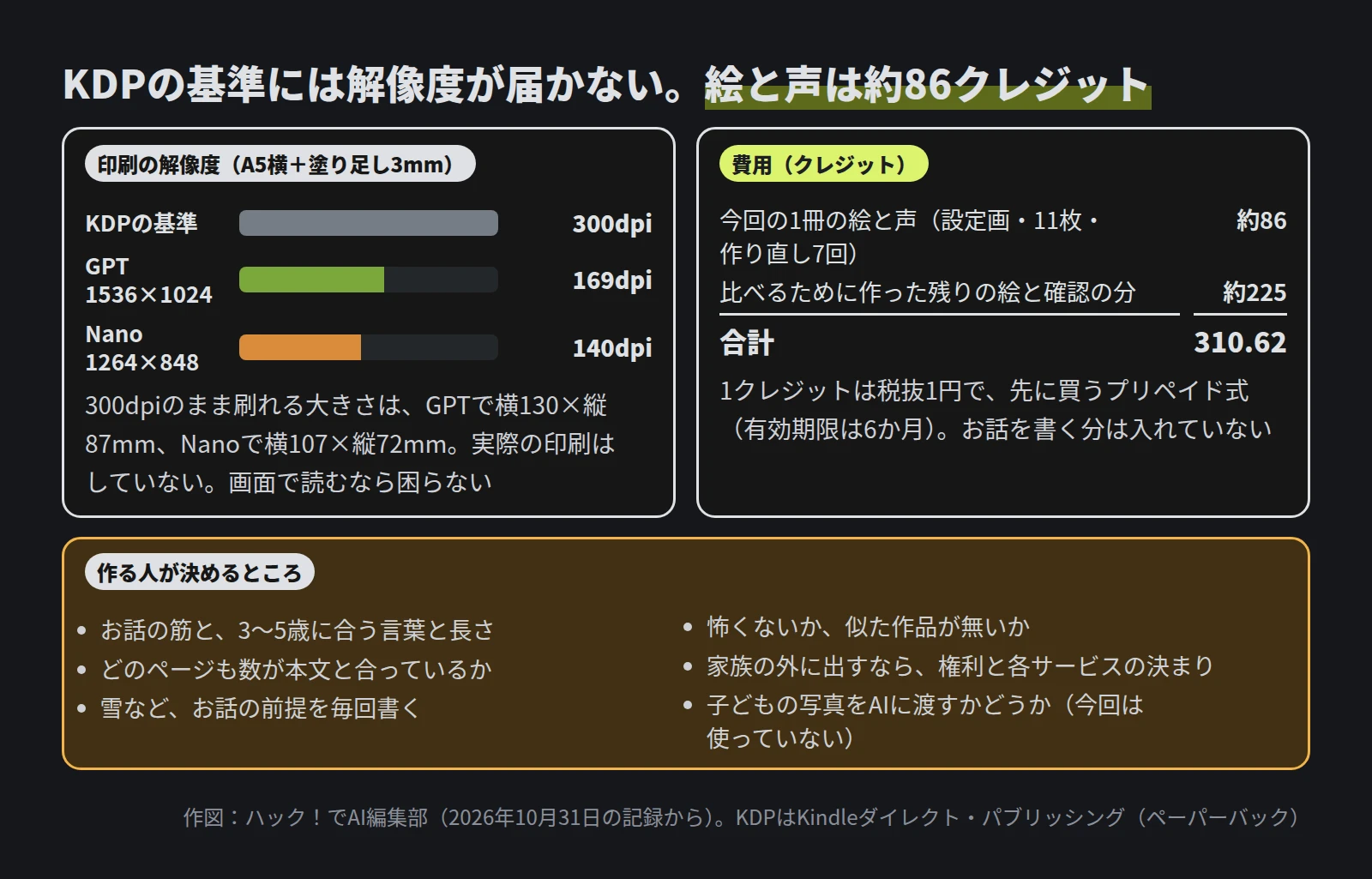 左は印刷の解像度の横棒で、KDPの300dpiに対して、GPTの1536×1024は169dpi、Nanoの1264×848は140dpi。右は費用で、今回の1冊の絵と声が約86、比べるために作った残りの絵と確認の分が約225、合計310.62クレジット。下は作る人が決めるところで、お話の筋と言葉と長さ、数の確認、お話の前提を毎回書く、怖くないか、権利と各サービスの決まり、子どもの写真をAIに渡すかどうか