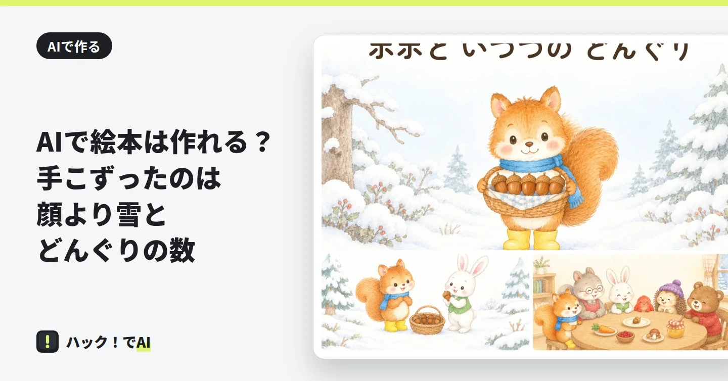 雪の森でどんぐりが5個入ったかごを持つこりすの表紙と、うさぎに会う場面、みんなでテーブルを囲む場面