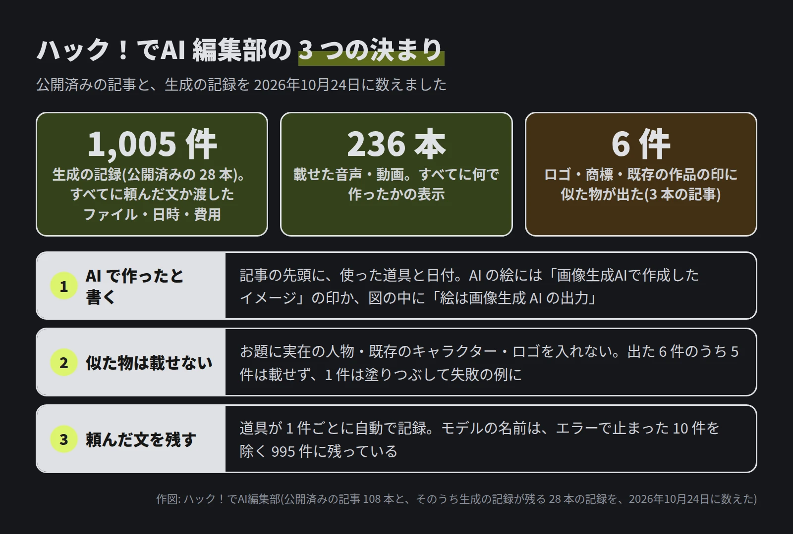3 つの数字。生成の記録 1,005 件(公開済みの 28 本)で、すべてに頼んだ文か渡したファイル・日時・費用。載せた音声・動画 236 本で、すべてに何で作ったかの表示。ロゴ・商標・既存の作品の印に似た物が出たのは 6 件(3 本の記事)。3 つの決まりは、1 AI で作ったと書く、2 似た物は載せない(出た 6 件のうち 5 件は載せず、1 件は塗りつぶして失敗の例に)、3 頼んだ文を残す(モデルの名前はエラーで止まった 10 件を除く 995 件に残っている)