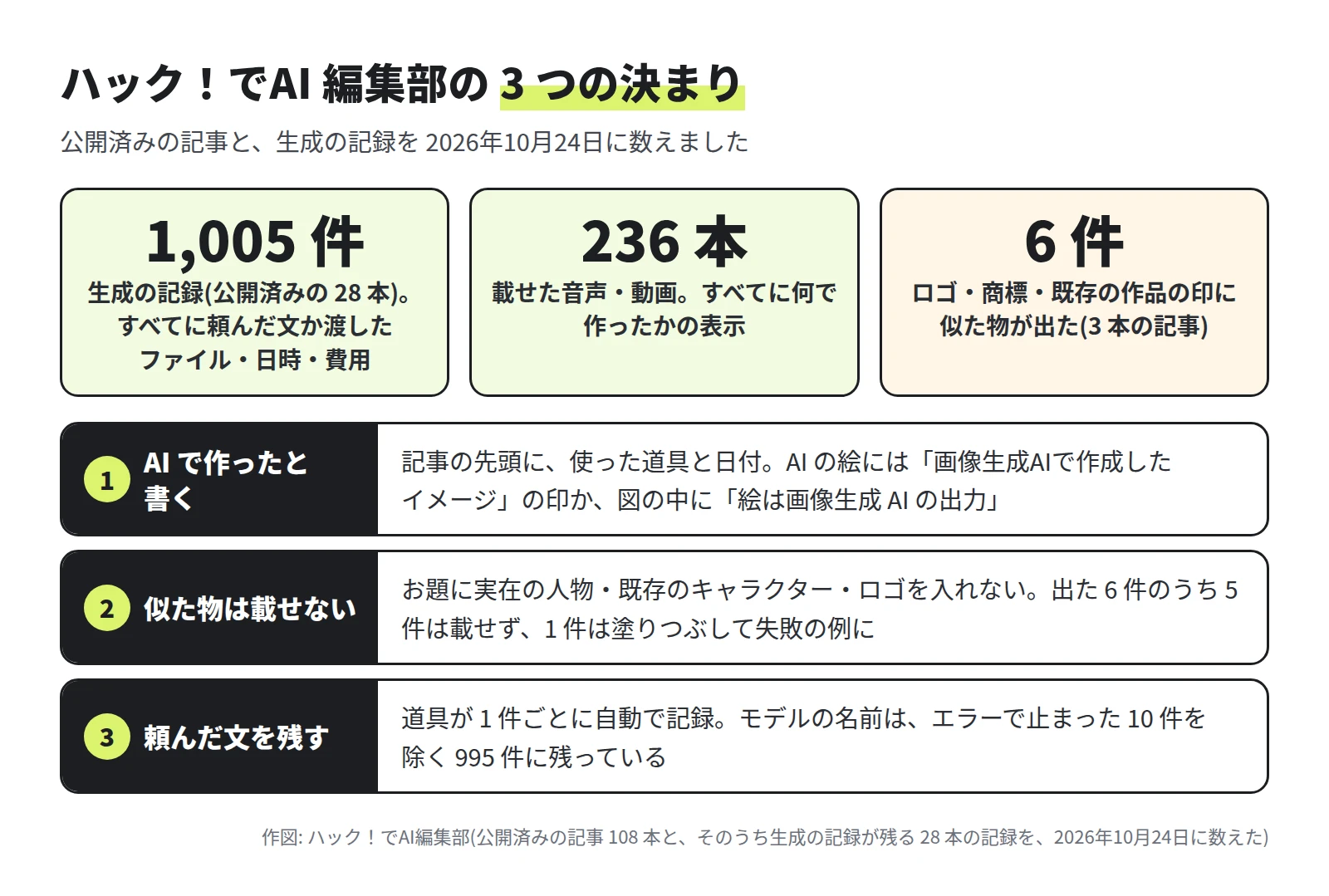 3 つの数字。生成の記録 1,005 件(公開済みの 28 本)で、すべてに頼んだ文か渡したファイル・日時・費用。載せた音声・動画 236 本で、すべてに何で作ったかの表示。ロゴ・商標・既存の作品の印に似た物が出たのは 6 件(3 本の記事)。3 つの決まりは、1 AI で作ったと書く、2 似た物は載せない(出た 6 件のうち 5 件は載せず、1 件は塗りつぶして失敗の例に)、3 頼んだ文を残す(モデルの名前はエラーで止まった 10 件を除く 995 件に残っている)