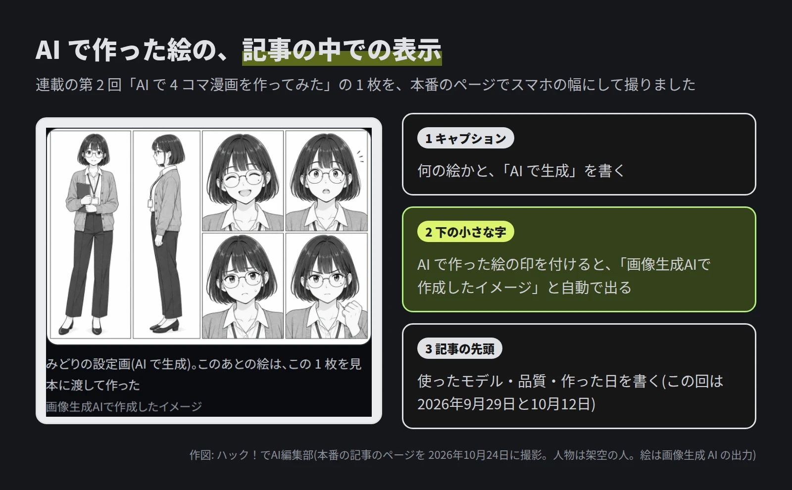 左は本番の記事のページをスマホの幅で撮った画像。架空の女性の設定画の下に、キャプション「みどりの設定画(AI で生成)。このあとの絵は、この 1 枚を見本に渡して作った」と、小さな字の「画像生成AIで作成したイメージ」がある。右に 3 つの説明。1 キャプションに何の絵かと AI で生成を書く。2 AI で作った絵の印を付けると、画像生成AIで作成したイメージと自動で出る。3 記事の先頭に使ったモデル・品質・作った日を書く