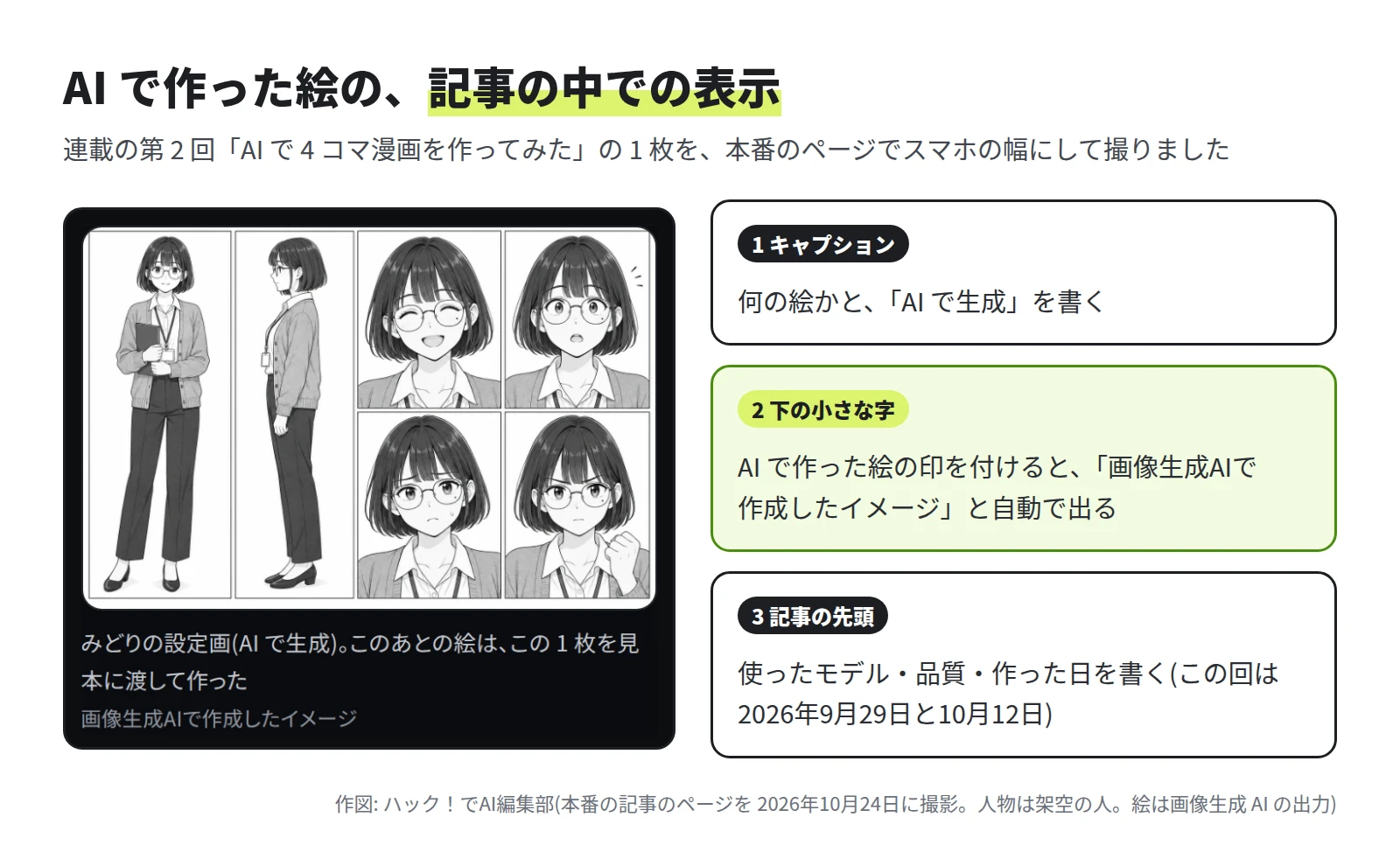 左は本番の記事のページをスマホの幅で撮った画像。架空の女性の設定画の下に、キャプション「みどりの設定画(AI で生成)。このあとの絵は、この 1 枚を見本に渡して作った」と、小さな字の「画像生成AIで作成したイメージ」がある。右に 3 つの説明。1 キャプションに何の絵かと AI で生成を書く。2 AI で作った絵の印を付けると、画像生成AIで作成したイメージと自動で出る。3 記事の先頭に使ったモデル・品質・作った日を書く