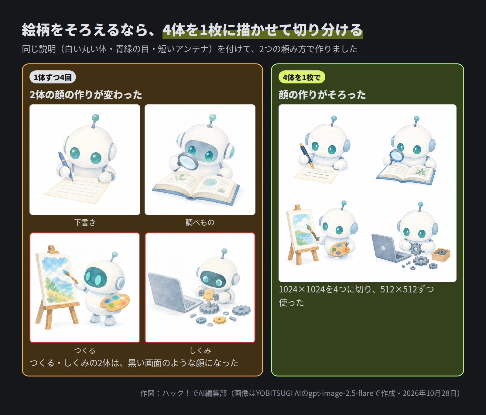 左は1体ずつ4回頼んだ絵。下書きと調べものは白い顔に青緑の目、つくるとしくみは黒い画面のような顔で、赤い枠で示す。右は4体を2行2列に1枚で描かせた絵で、4体とも白い顔に青緑の目。1024×1024を4つに切り、512×512ずつ使った