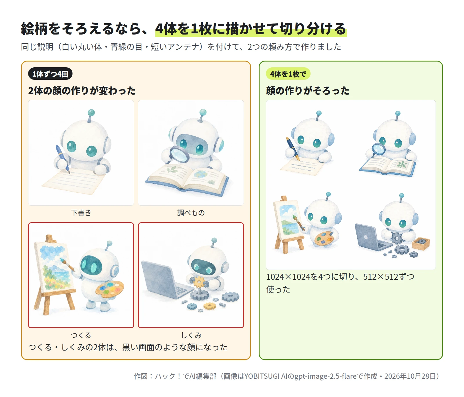 左は1体ずつ4回頼んだ絵。下書きと調べものは白い顔に青緑の目、つくるとしくみは黒い画面のような顔で、赤い枠で示す。右は4体を2行2列に1枚で描かせた絵で、4体とも白い顔に青緑の目。1024×1024を4つに切り、512×512ずつ使った