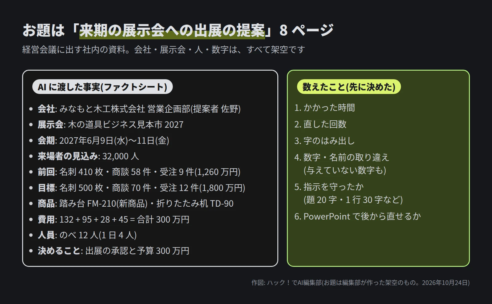 左に AI に渡した事実。会社はみなもと木工株式会社 営業企画部、展示会は木の道具ビジネス見本市 2027、会期は 2027年6月9日(水)〜11日(金)、来場者の見込み 32,000 人、前回と目標の名刺・商談・受注、商品は踏み台 FM-210 と折りたたみ机 TD-90、費用は 132 + 95 + 28 + 45 = 300 万円、人員はのべ 12 人、決めることは出展の承認と予算。右に数えたこと 6 つ。かかった時間、直した回数、字のはみ出し、数字・名前の取り違え、指示を守ったか、PowerPoint で後から直せるか