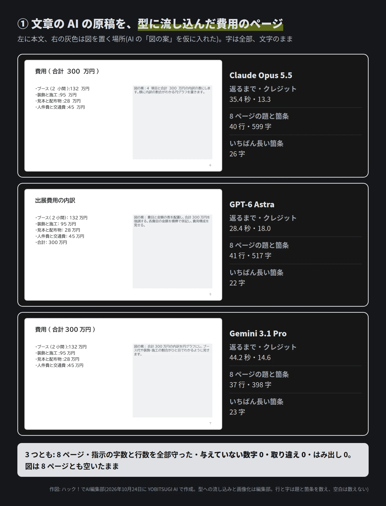 3 段。Claude Opus 5.5 は 35.4 秒・13.3 クレジット・8 ページで 40 行 599 字・いちばん長い箇条 26 字。GPT-6 Astra は 28.4 秒・18.0 クレジット・41 行 517 字・22 字。Gemini 3.1 Pro は 44.2 秒・14.6 クレジット・37 行 398 字・23 字。どのページも左に費用の箇条、右に図の案の文が入った灰色の枠がある