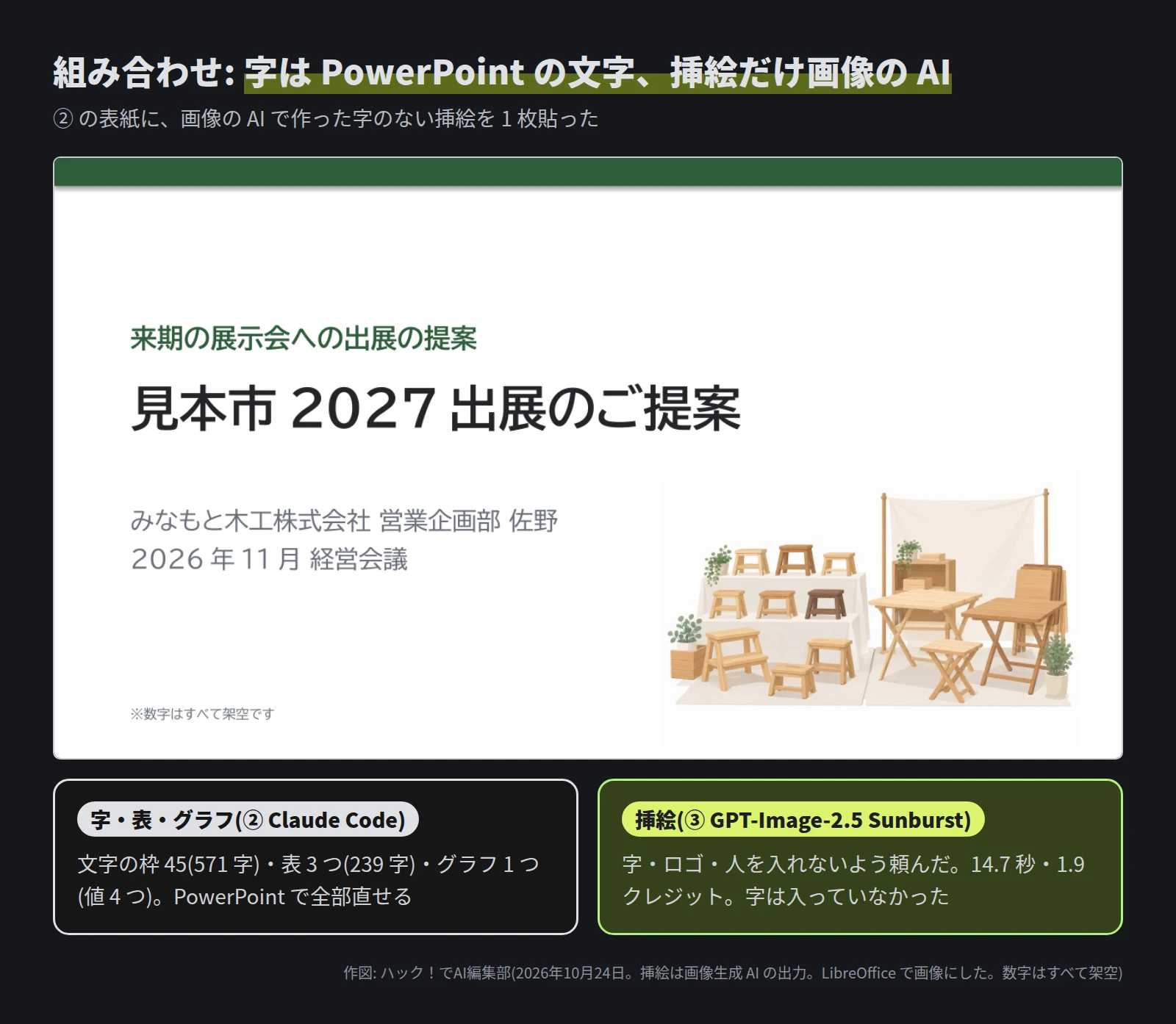 ② の表紙のページ。左に題「見本市 2027 出展のご提案」と会社名、右下に木の踏み台と折りたたみの机が並ぶブースの挿絵。下の枠に、字・表・グラフは Claude Code が作り、文字の枠 45(571 字)・表 3 つ・グラフ 1 つで PowerPoint で全部直せること、挿絵は GPT-Image-2.5 Sunburst で 14.7 秒・1.9 クレジット、字は入っていなかったこと