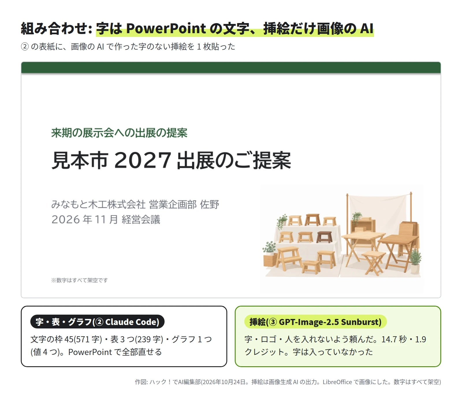 ② の表紙のページ。左に題「見本市 2027 出展のご提案」と会社名、右下に木の踏み台と折りたたみの机が並ぶブースの挿絵。下の枠に、字・表・グラフは Claude Code が作り、文字の枠 45(571 字)・表 3 つ・グラフ 1 つで PowerPoint で全部直せること、挿絵は GPT-Image-2.5 Sunburst で 14.7 秒・1.9 クレジット、字は入っていなかったこと