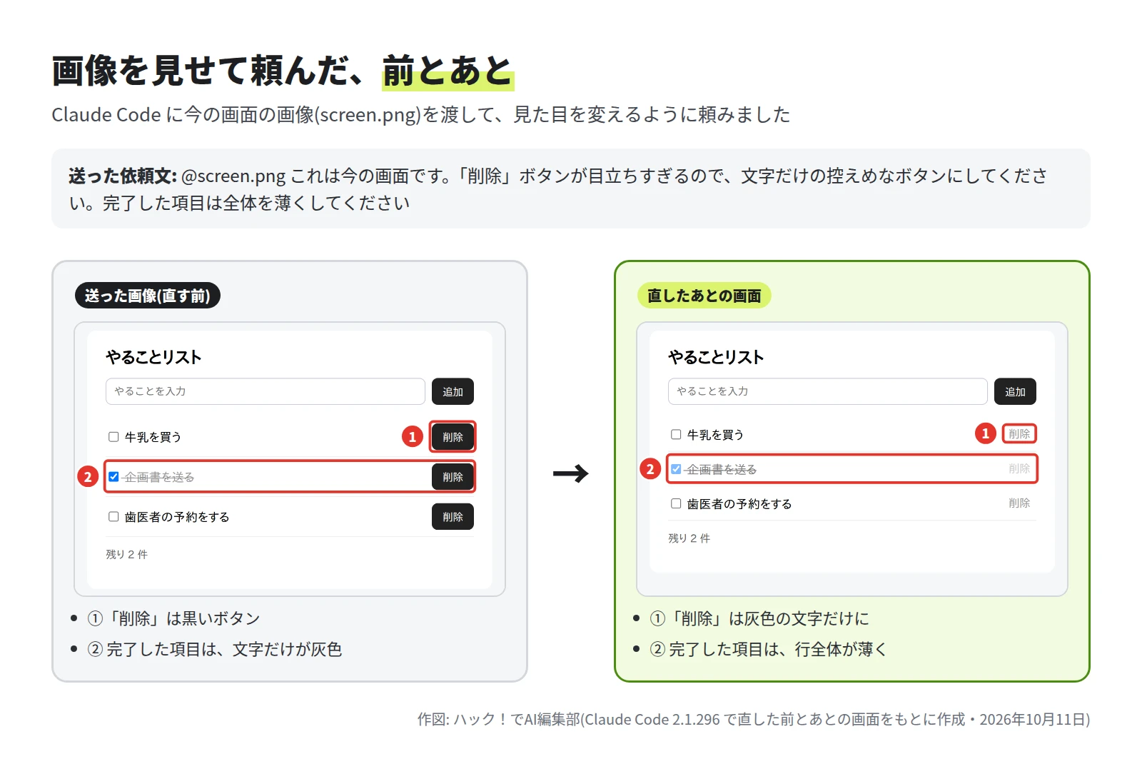 直す前は「削除」が黒いボタンで、完了した項目は文字だけが灰色。直したあとは「削除」が灰色の文字だけになり、完了した項目は行全体が薄くなっている