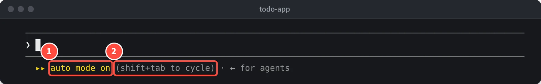 入力欄の下に auto mode on (shift+tab to cycle) と表示されている
