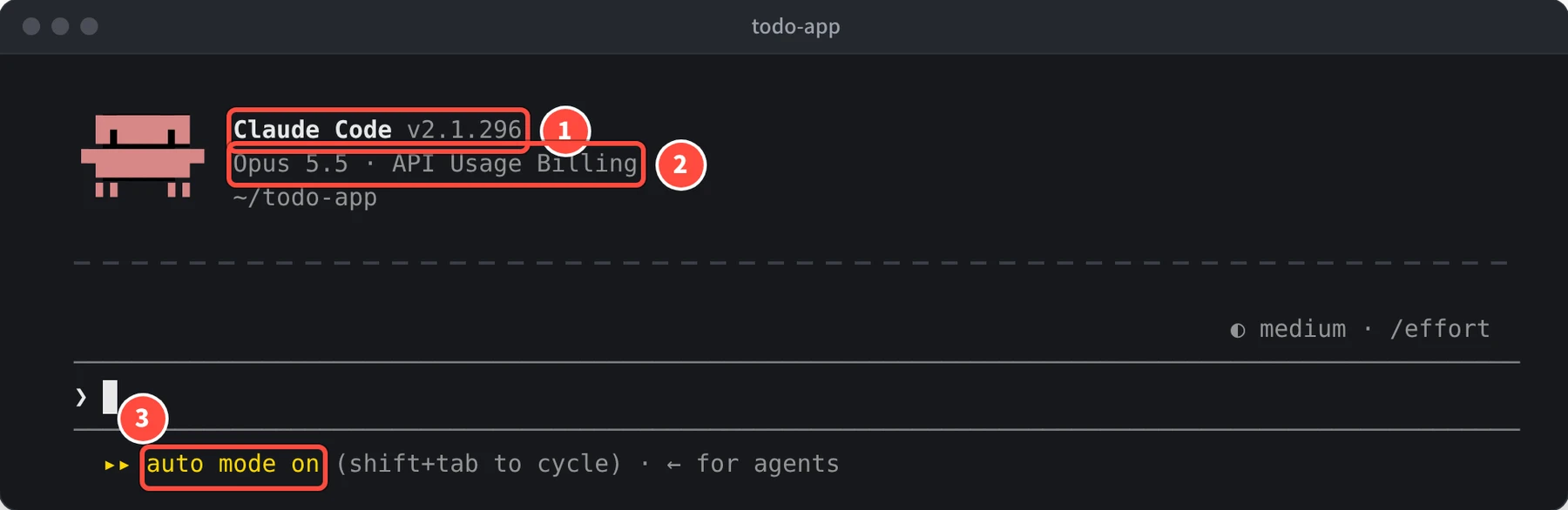 ターミナルに Claude Code v2.1.296、Opus 5.5 · API Usage Billing、~/todo-app と表示され、下に auto mode on と出ている