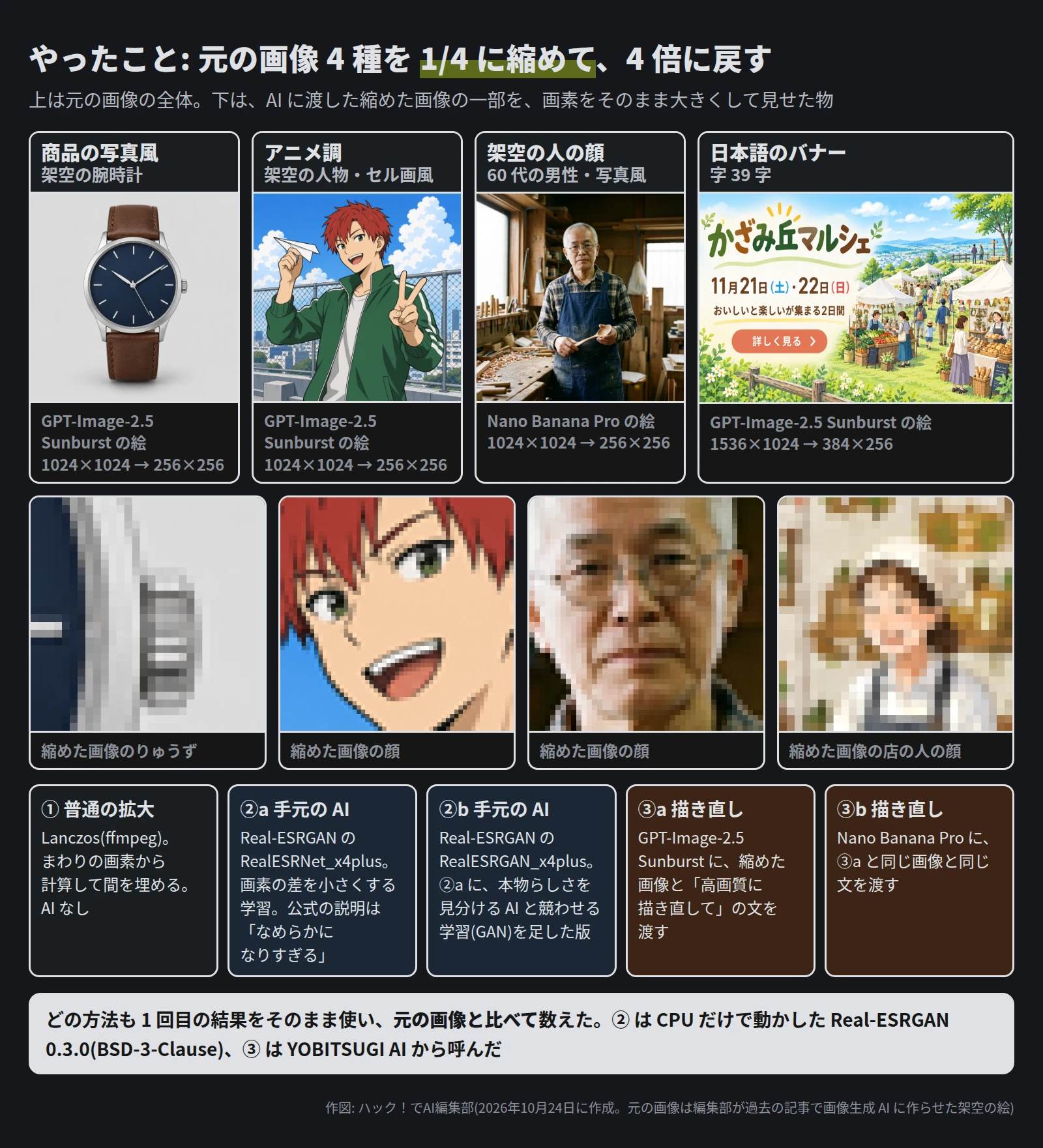 上に元の画像 4 枚。商品の写真風の架空の腕時計、アニメ調の赤い髪の男性、写真風の 60 代の男性、日本語のバナー「かざみ丘マルシェ」。下に、縮めた画像のりゅうず・顔・店の人の顔を画素のまま拡大した物で、どれも四角い画素が見える。その下に 5 つの枠。① 普通の拡大 Lanczos、②a RealESRNet_x4plus、②b RealESRGAN_x4plus、③a GPT-Image-2.5 Sunburst、③b Nano Banana Pro