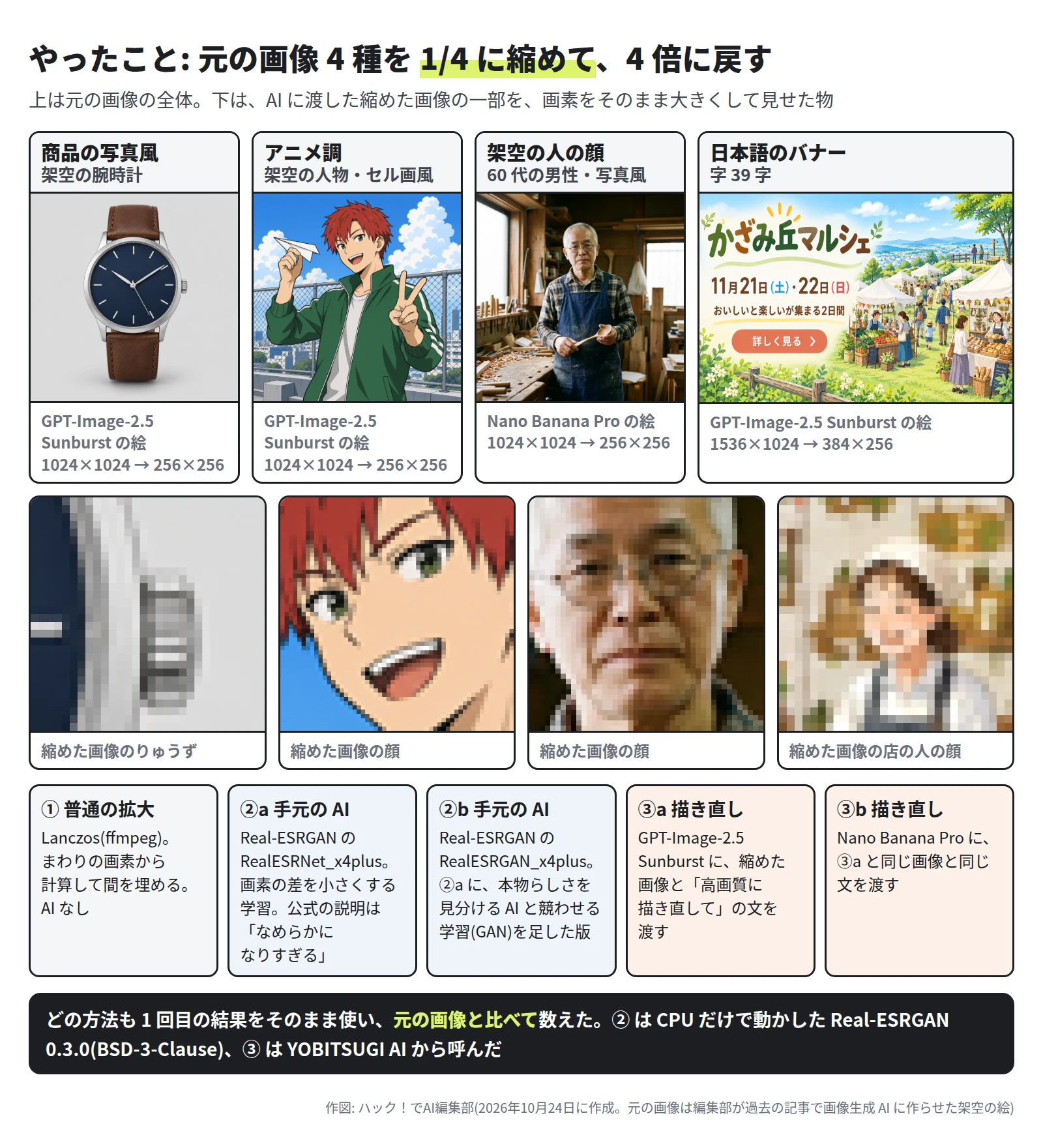 上に元の画像 4 枚。商品の写真風の架空の腕時計、アニメ調の赤い髪の男性、写真風の 60 代の男性、日本語のバナー「かざみ丘マルシェ」。下に、縮めた画像のりゅうず・顔・店の人の顔を画素のまま拡大した物で、どれも四角い画素が見える。その下に 5 つの枠。① 普通の拡大 Lanczos、②a RealESRNet_x4plus、②b RealESRGAN_x4plus、③a GPT-Image-2.5 Sunburst、③b Nano Banana Pro